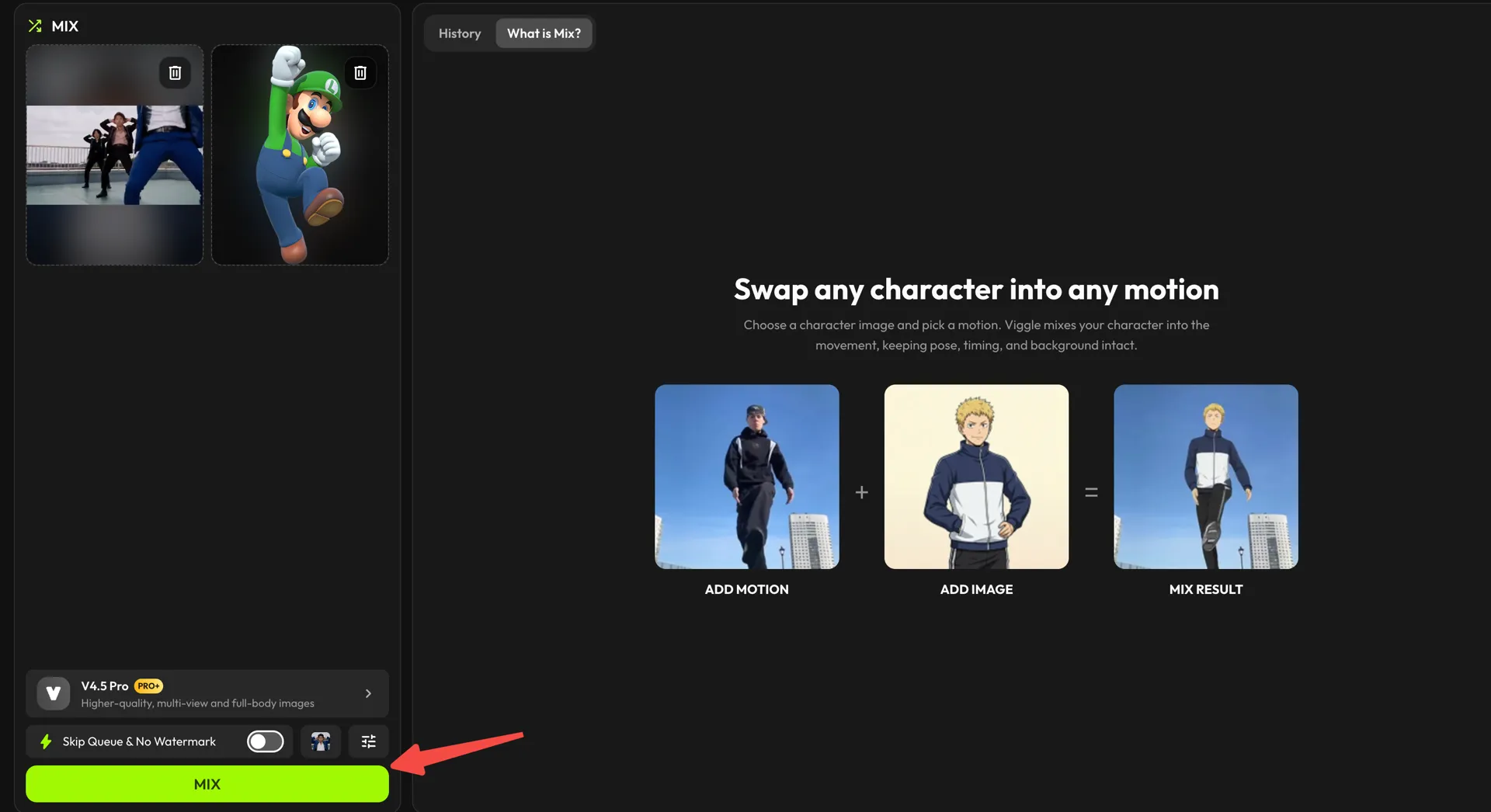 Viggle Mix panel with a motion clip and character image loaded and the MIX button highlighted