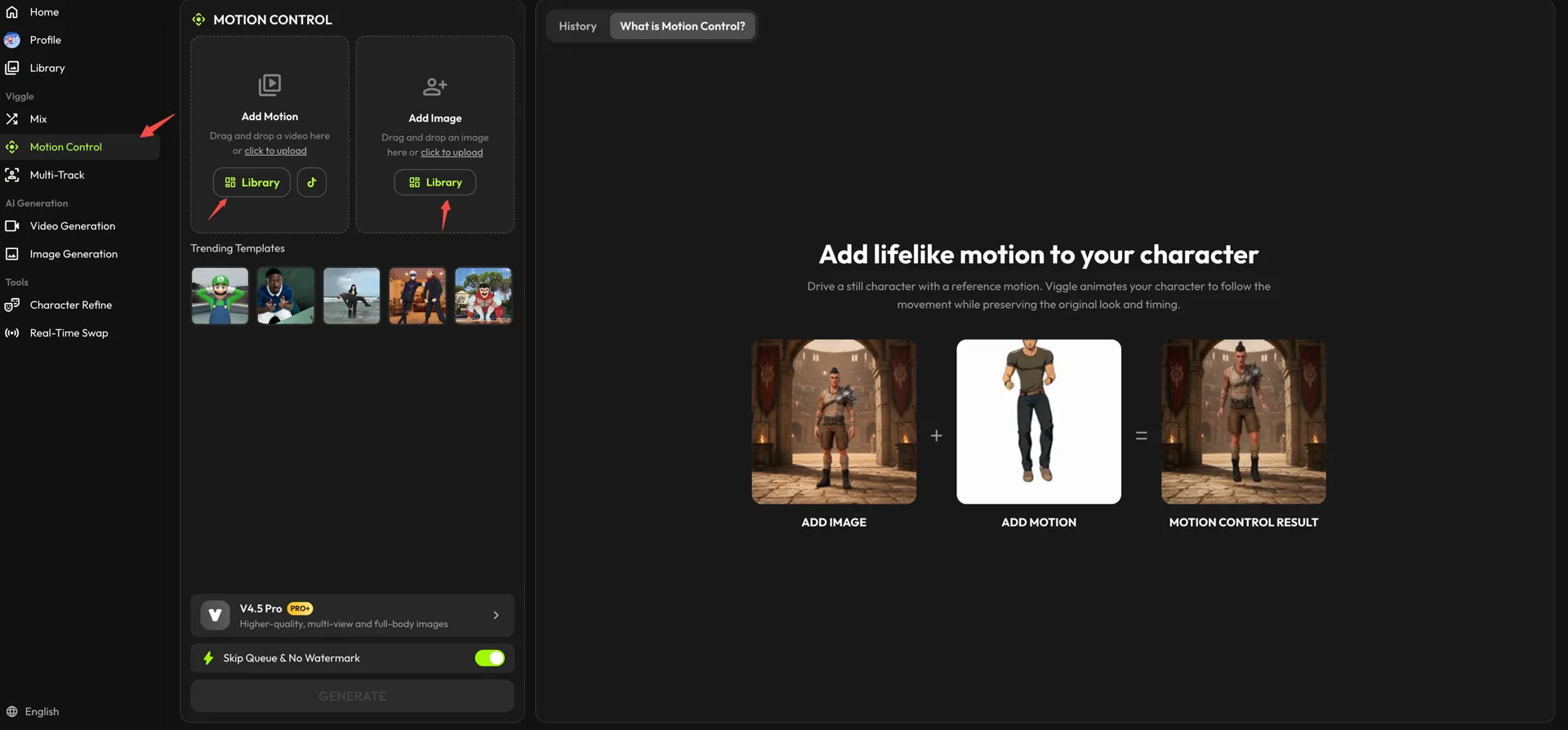 Viggle Motion Control panel with the sidebar entry and both Library buttons highlighted