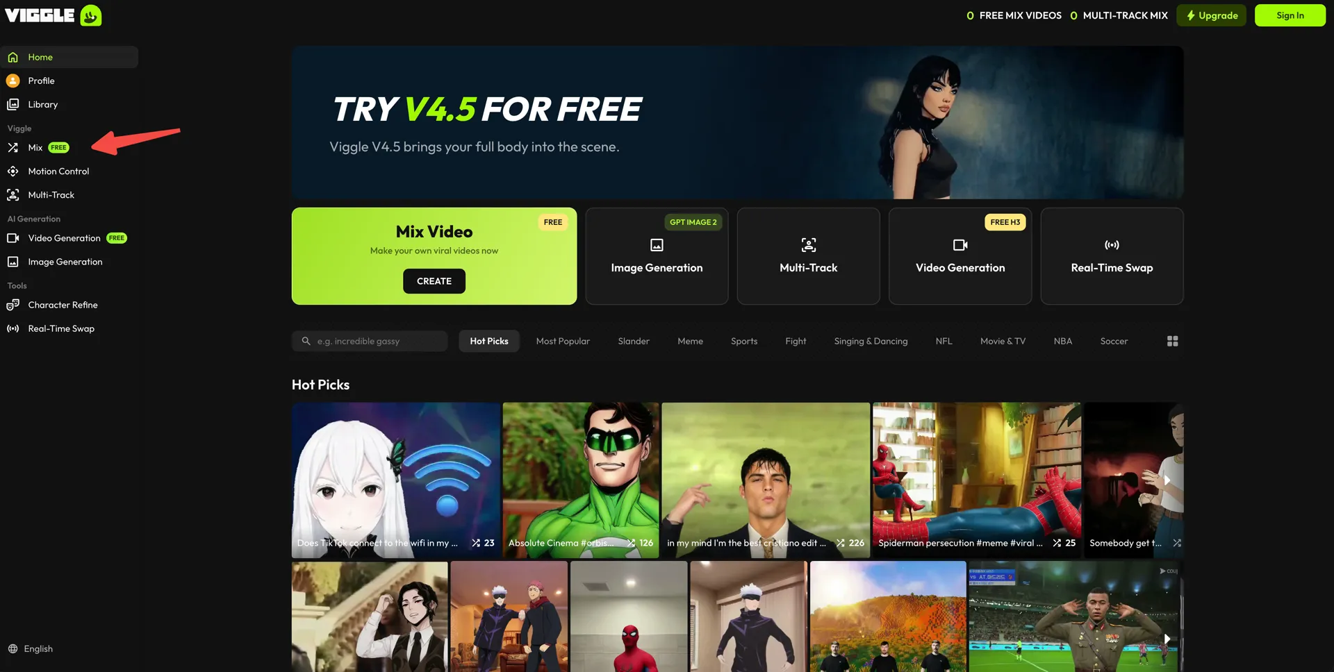 Viggle sidebar with the Mix workspace highlighted