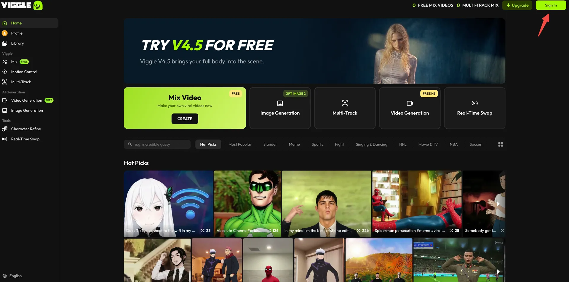 Viggle home dashboard with the Sign In button highlighted in the top-right corner