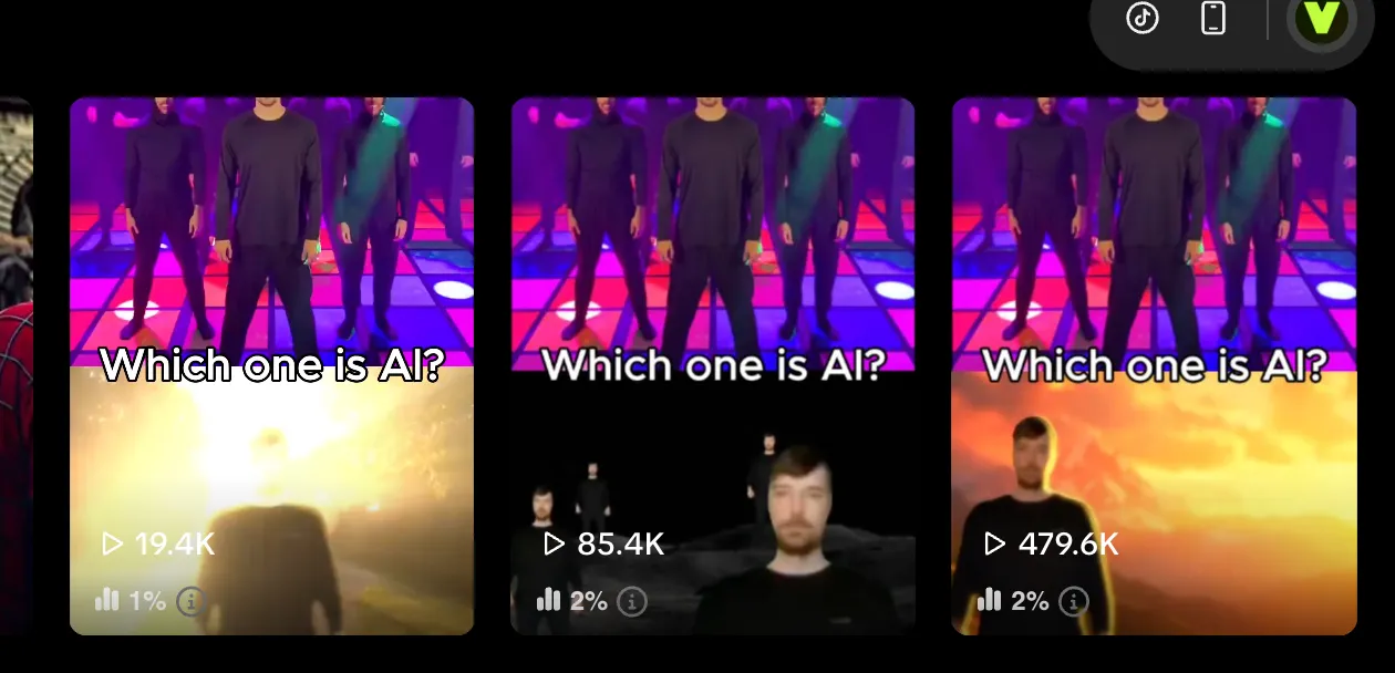Three corresponding Viggle TikTok remixes showing 19.4 thousand, 85.4 thousand, and 479.6 thousand views