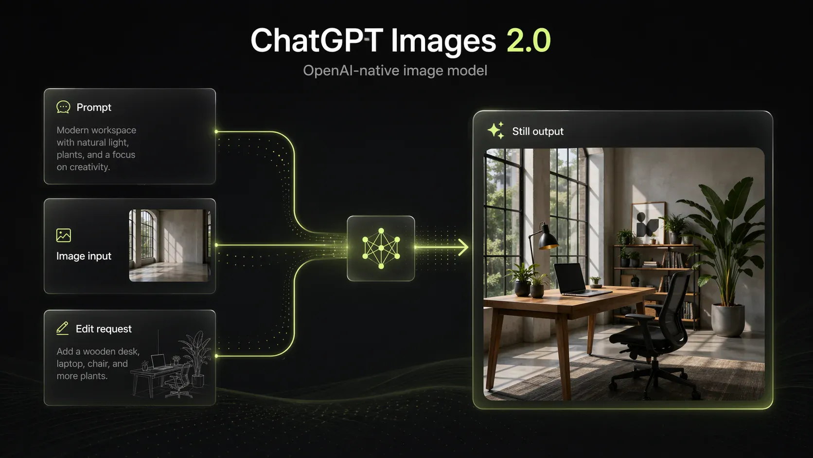 Prompt, image input, and edit request flowing into a still output from ChatGPT Images 2.0
