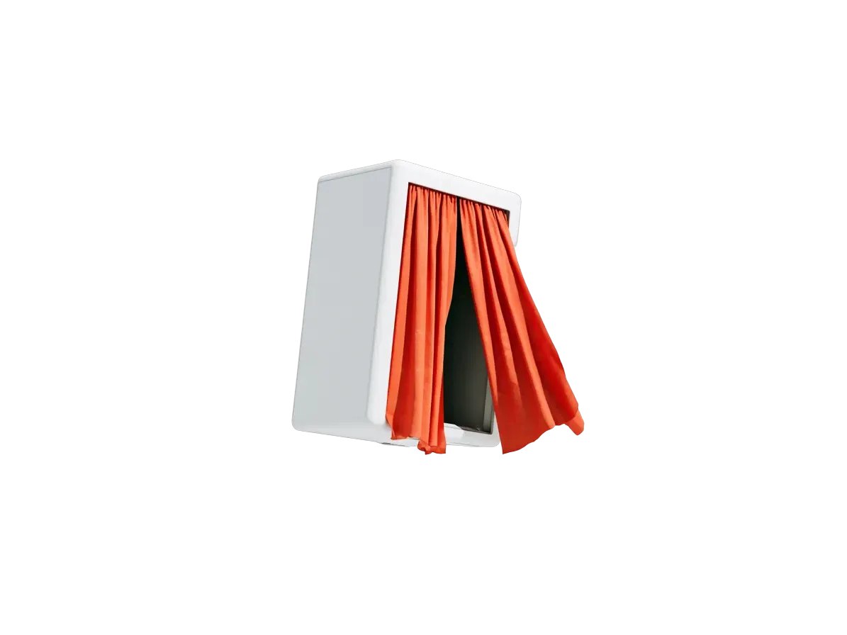 A matte render of an open red stage curtain.