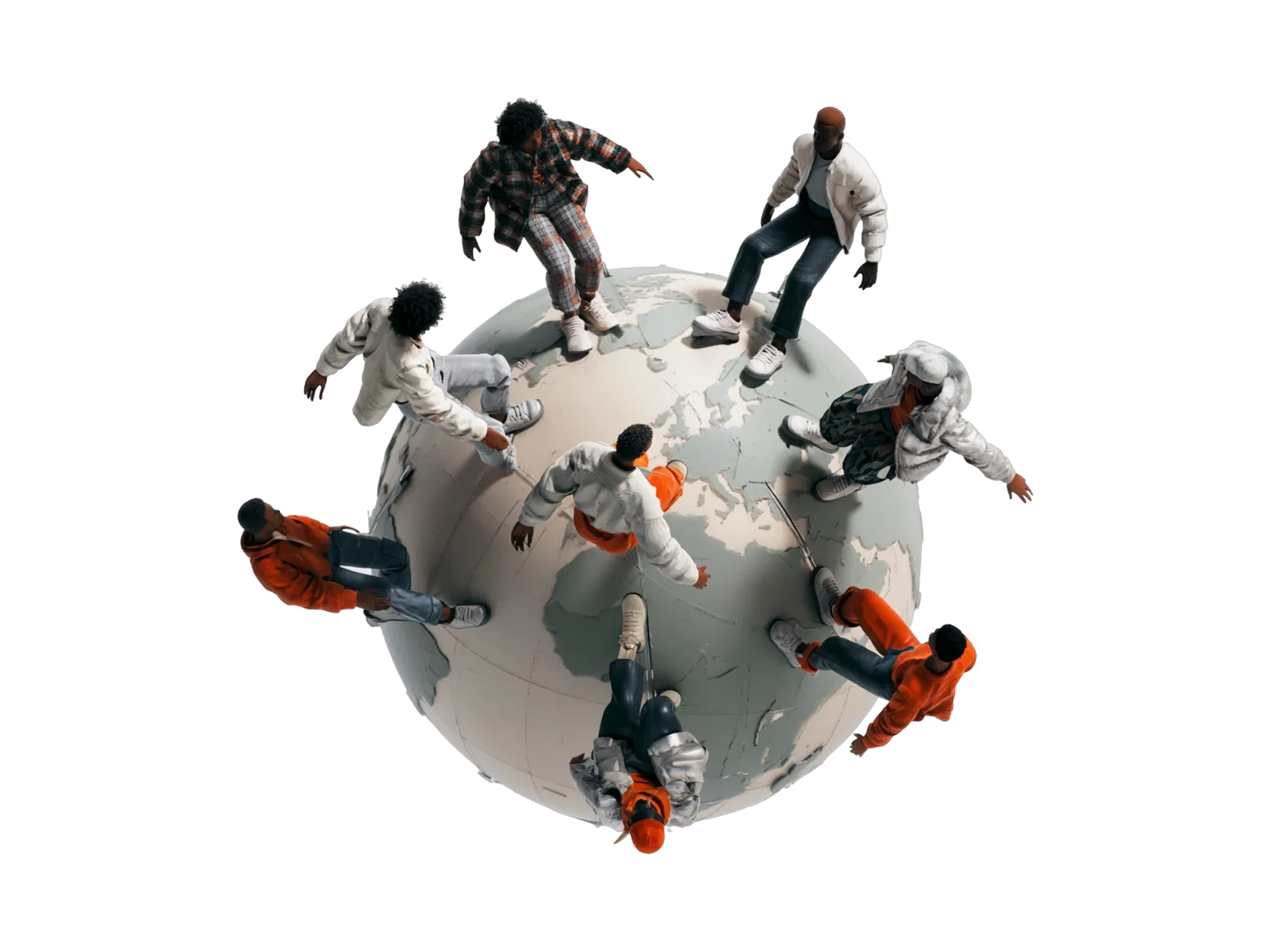 A matte cream globe with eight small figures standing around it.