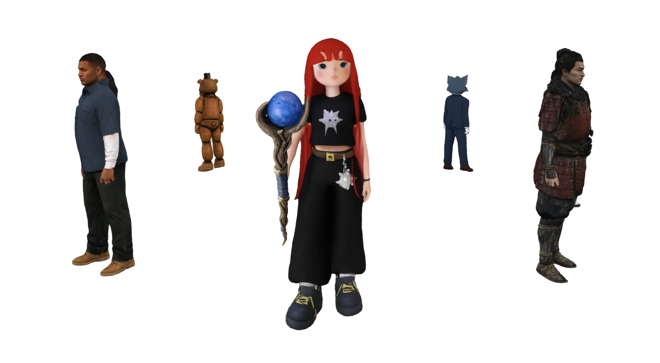 Three stylised game characters standing side by side.