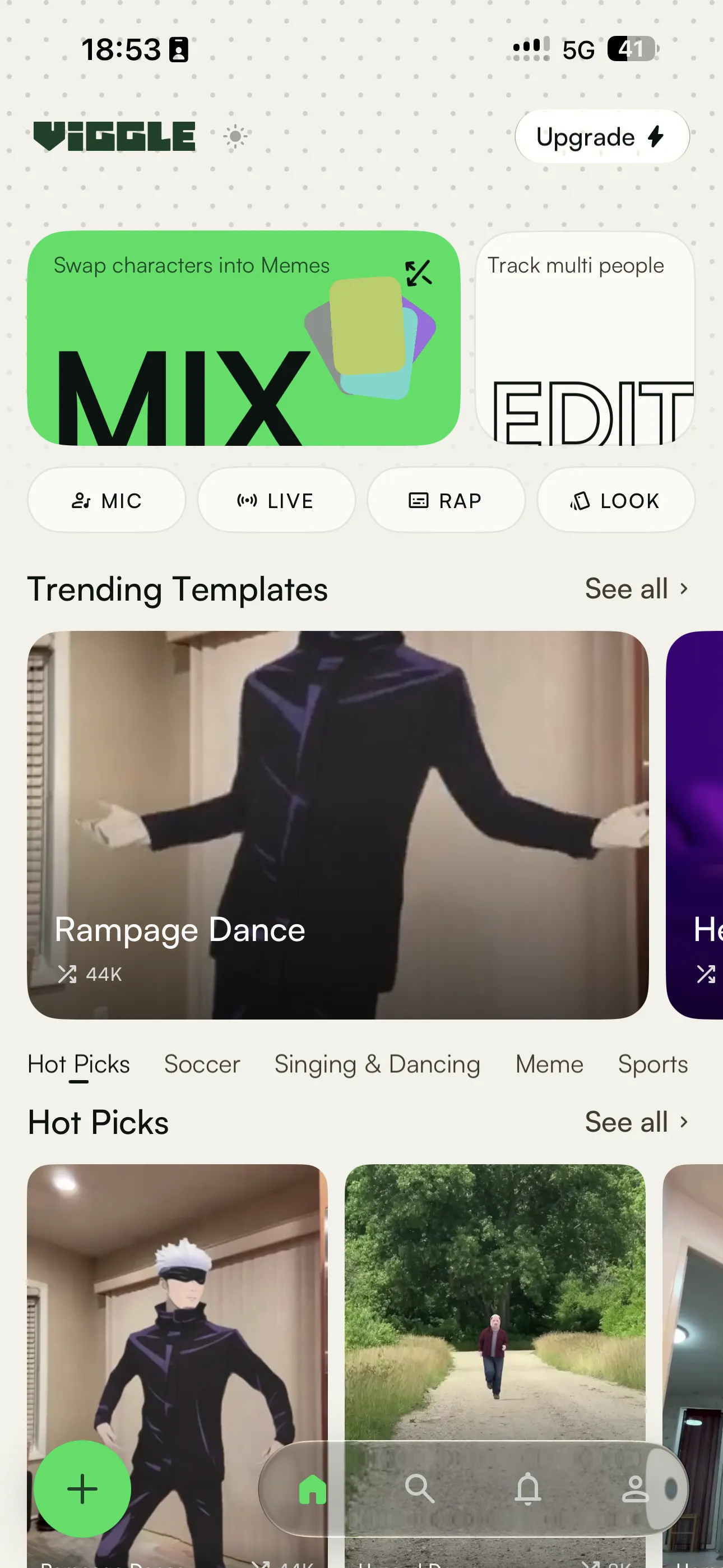 The Viggle app home screen, with Mix and Edit above a row of trending templates
