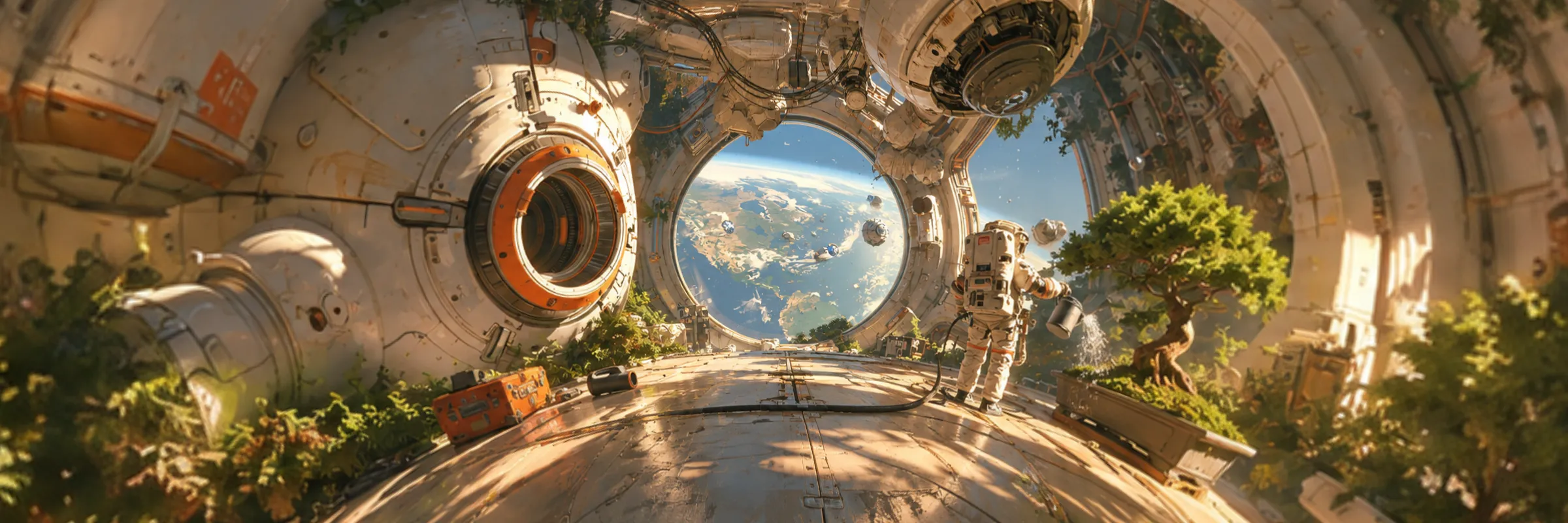 Inside a sunlit, plant-filled space-station module, an astronaut waters a bonsai beside a round porthole looking down on Earth.