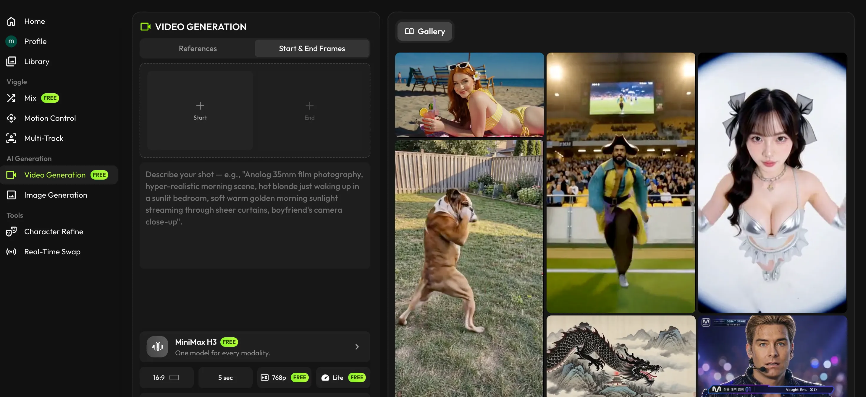 Selecting MiniMax H3 and first-and-last-frame mode in Viggle