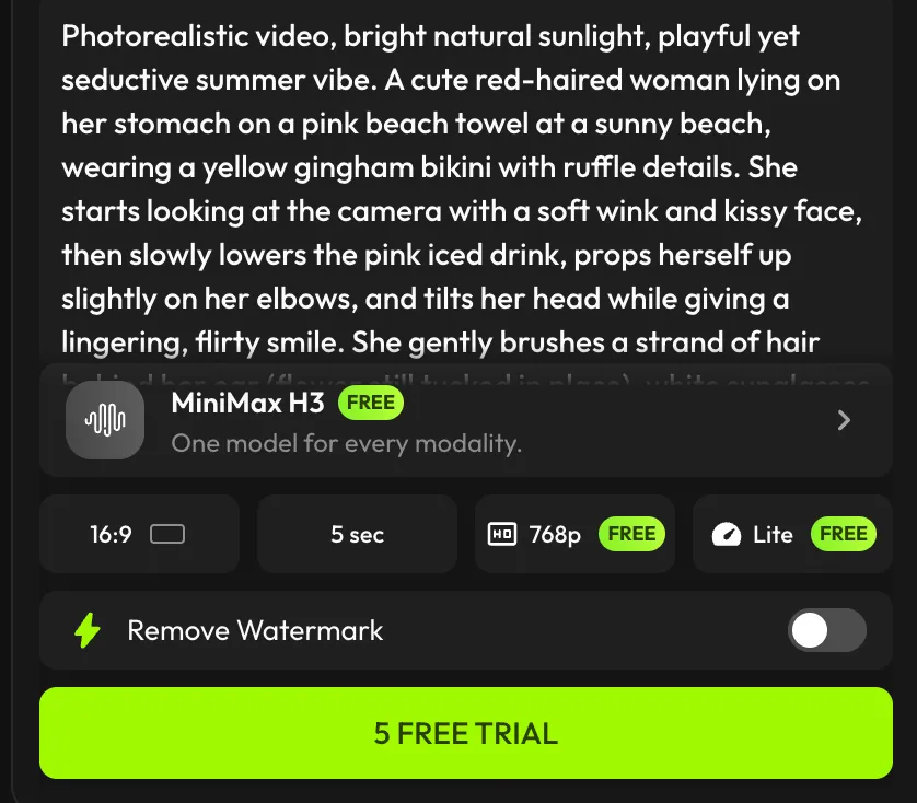 Configuring a free MiniMax H3 video generation in Viggle